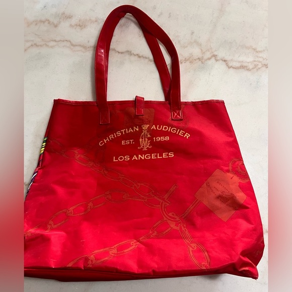 Christian Audigier Los Angeles Tote Shoulder Bag Red Spell Out Birds Graphic - Picture 5 of 8